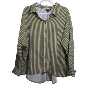 Studio Park x Amy Stran Cotton Gauze Button Front Olive Stripe Top Size 2X
